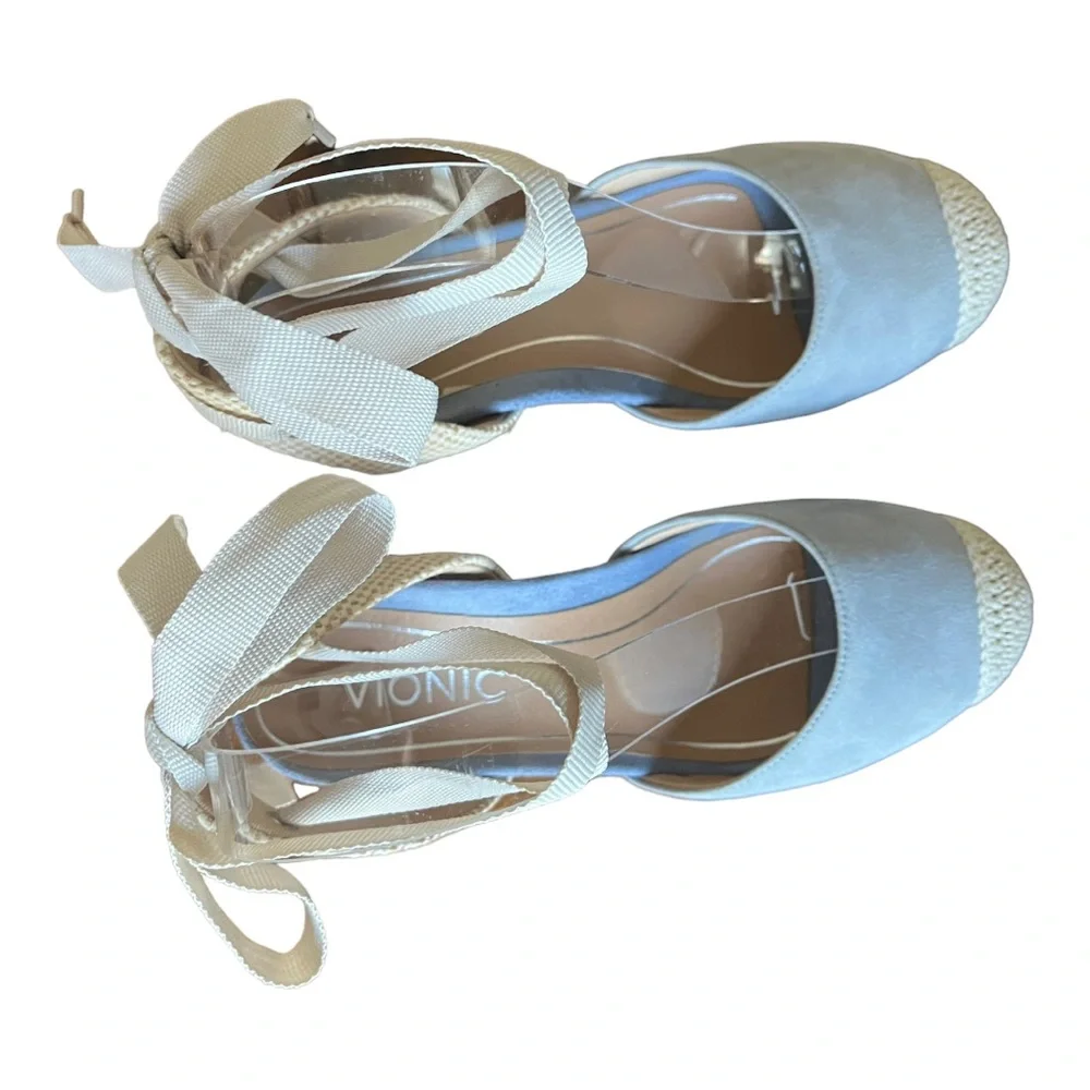 Vionic Espadrille Wedges Strappy Tie Aruba Maris Blue and Khaki